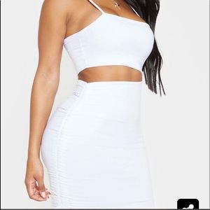PLT White Slinky Cut Out Side Ruched Bodycon Dress